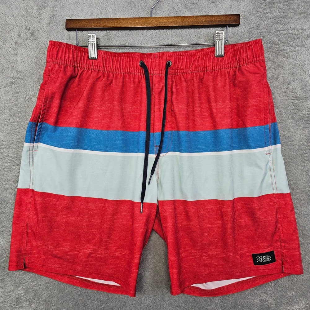 ONeill Mens Hyperdry Board Shorts Red Striped Swim Trunks Large Pool Beach